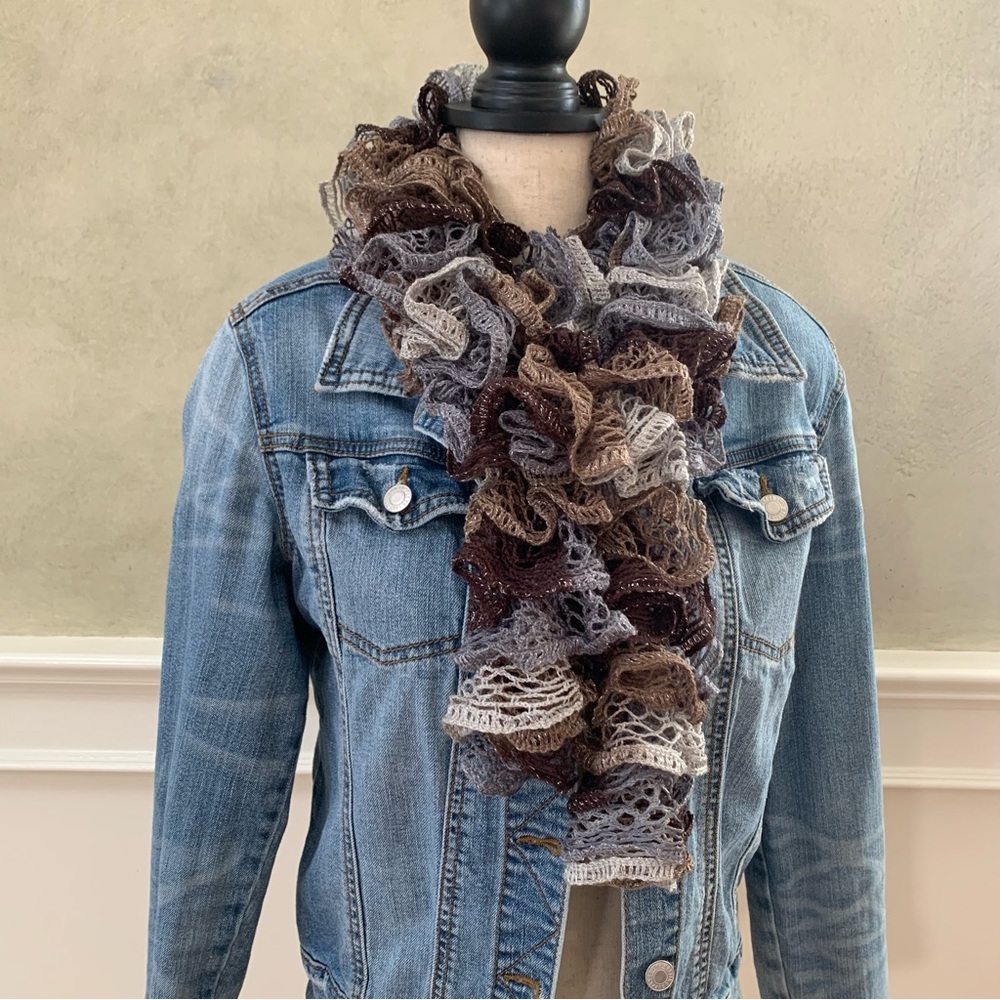 Artisan Ruffled Crochet / Knit Scarf Neutral Brown & Gray